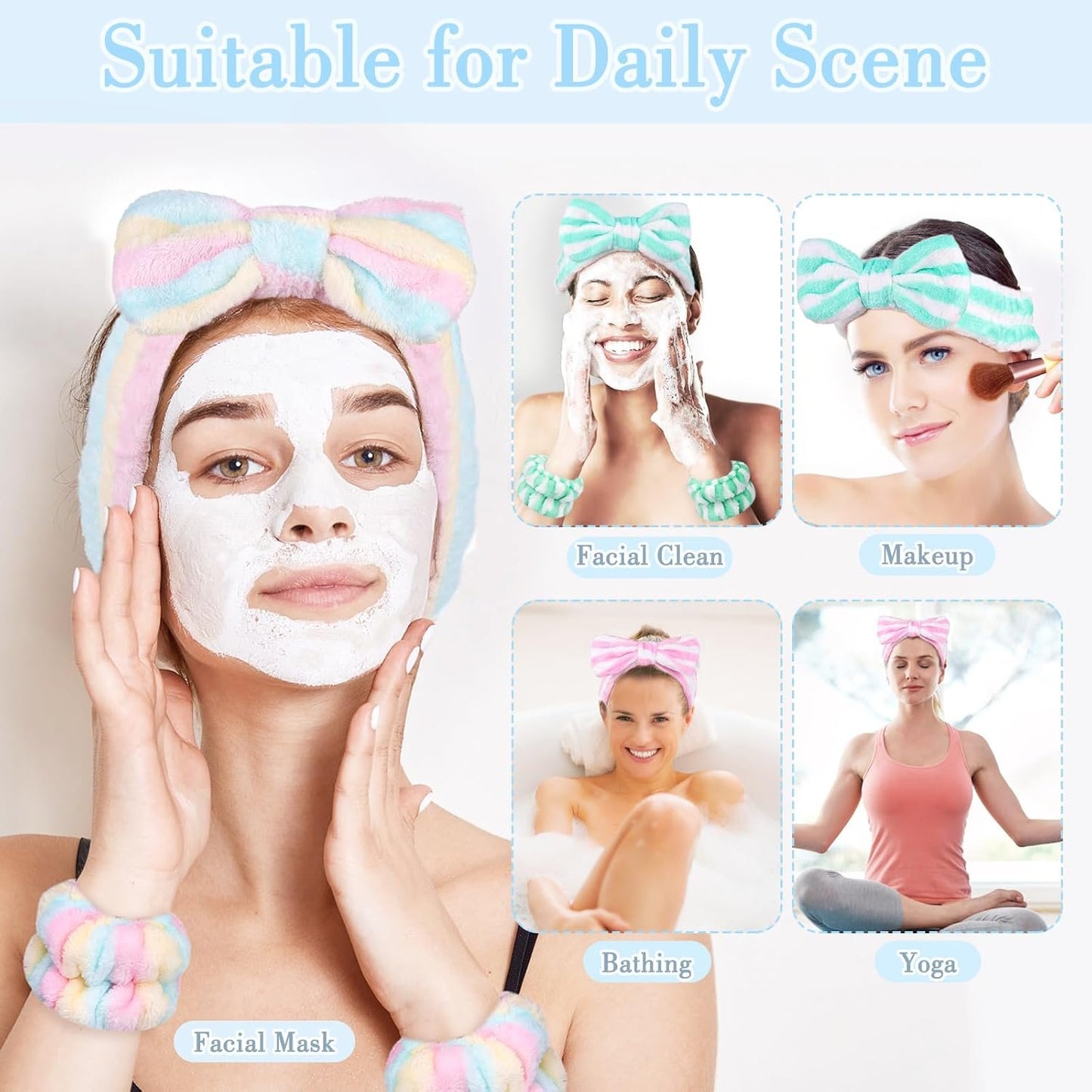 9PCS Spa Headband Kit for Women & Girls: Bowknot Makeup Headbands with Wristbands for Face Skincare, Bathing, Yoga (Pink, Blue, White)
