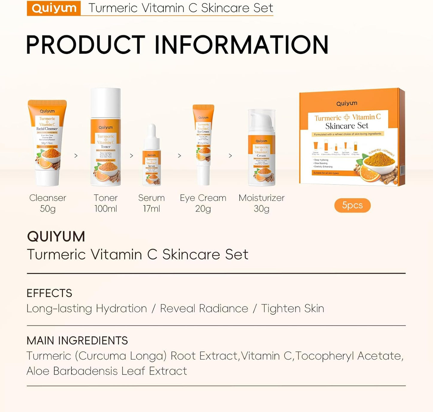 QUIYUM Turmeric Vitamin C Face Care Set, 5 Pieces Skin Care Gift Set for Women Skin Care Complete Face Skincare Kit with Cleanser Tonic Eye Cream Serum Cream
