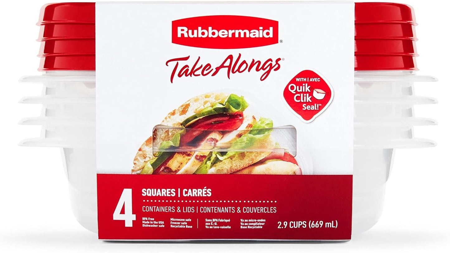 Rubbermaid TakeAlongs 2.9-Cup Square Food Storage Containers, 4-Pack, Chili Red