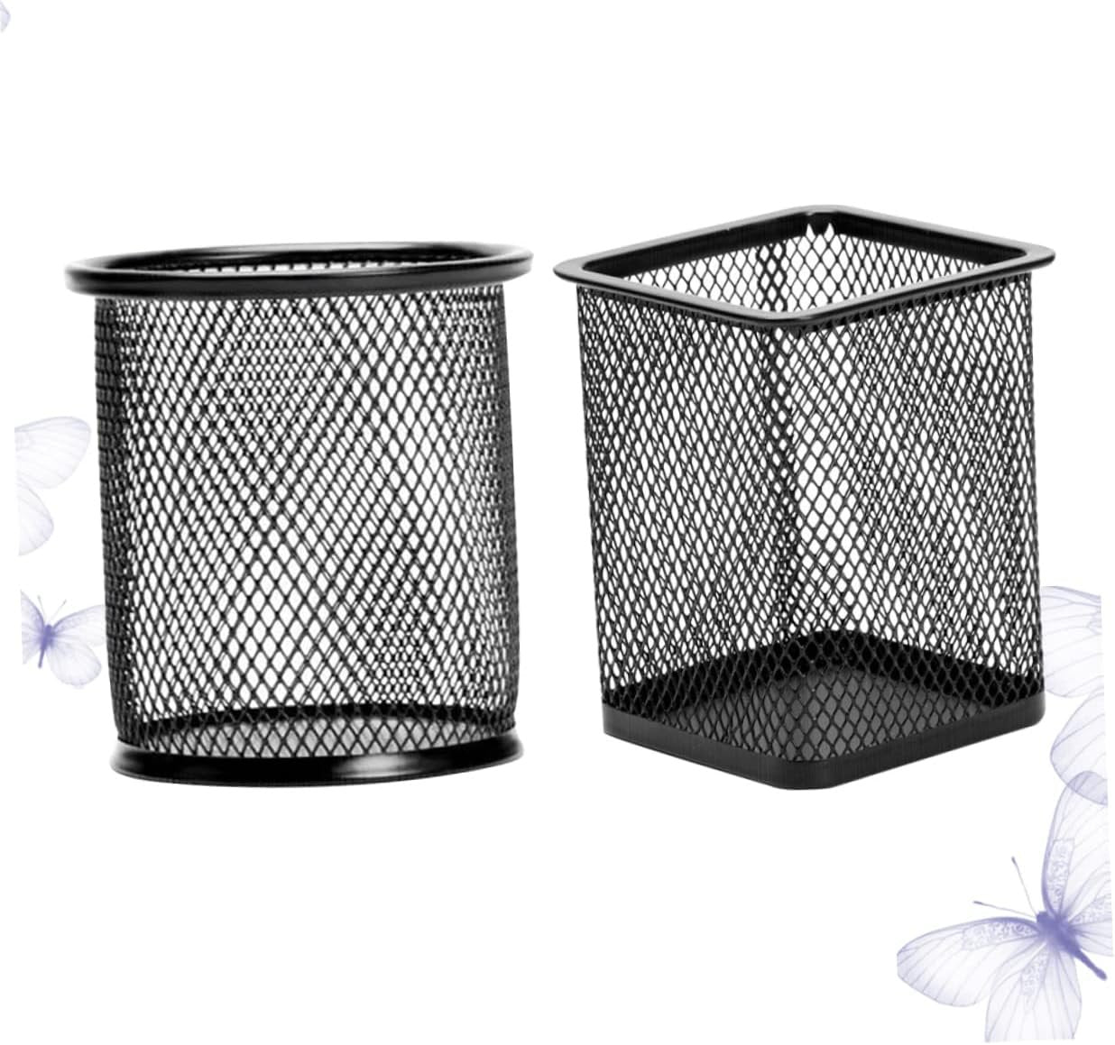Tofficu 2 Pcs Black Iron Mesh Pen Holder Cylinder Cuboid Design for Office Organization Stylish Desk Storage for Home School and Workspaces