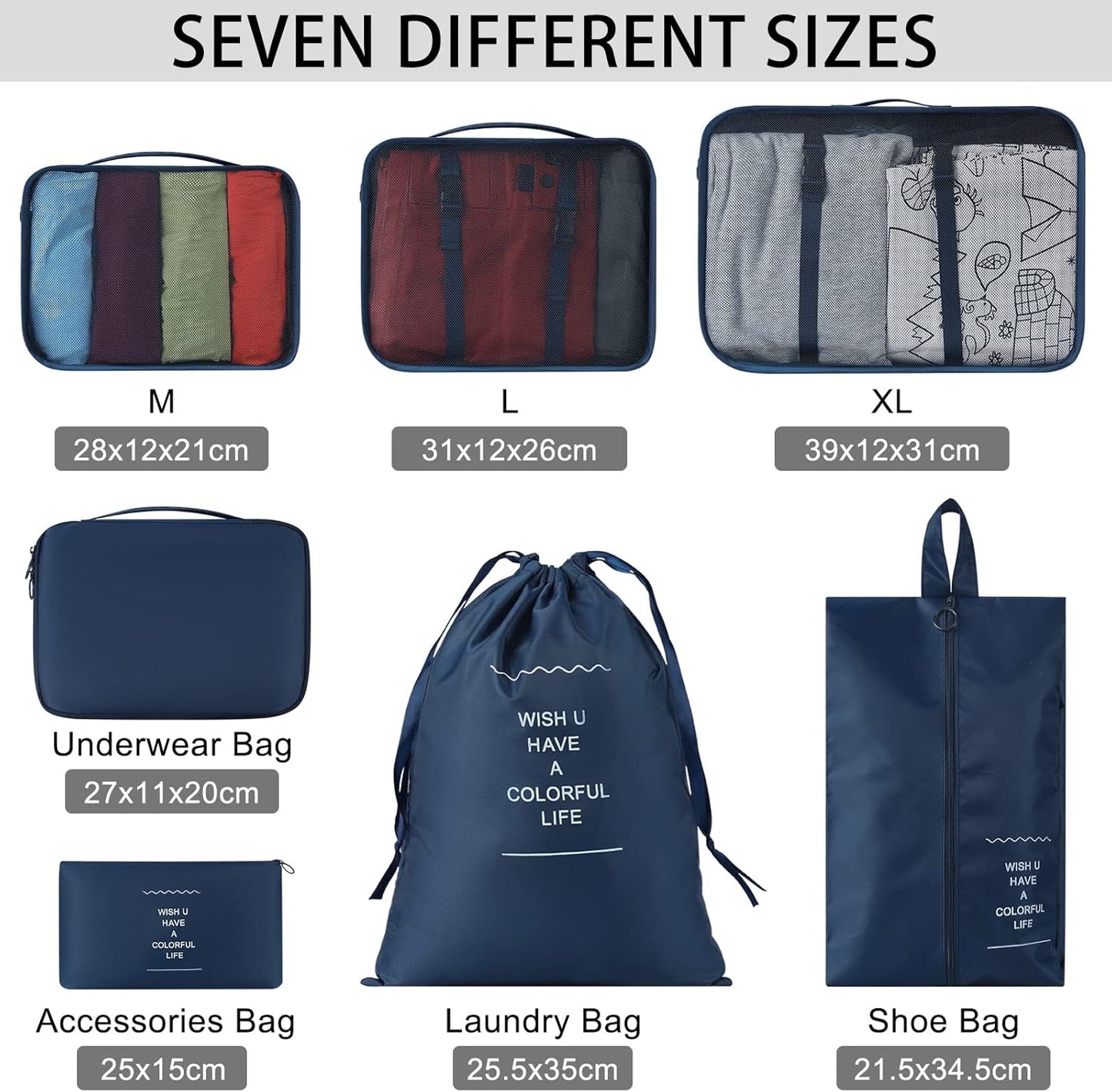 KTMOUW 7 Pieces Organizer Suitcase Suitcase Cubes Packing Organizer Cubes Travel Bags Luggage Packing Organizer Nylon Set, blue