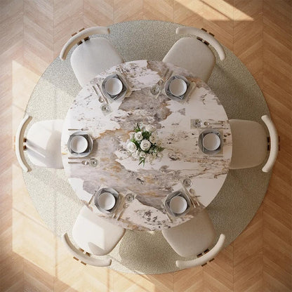 POVISON Round Dining Table for 4-6, 60" Glossy White Sintered Stone Tabletop Dining Table with Bronze Carbon Steel Pedestal, Modern Dining Room Table for Kitchen, Living Room (Table Only)