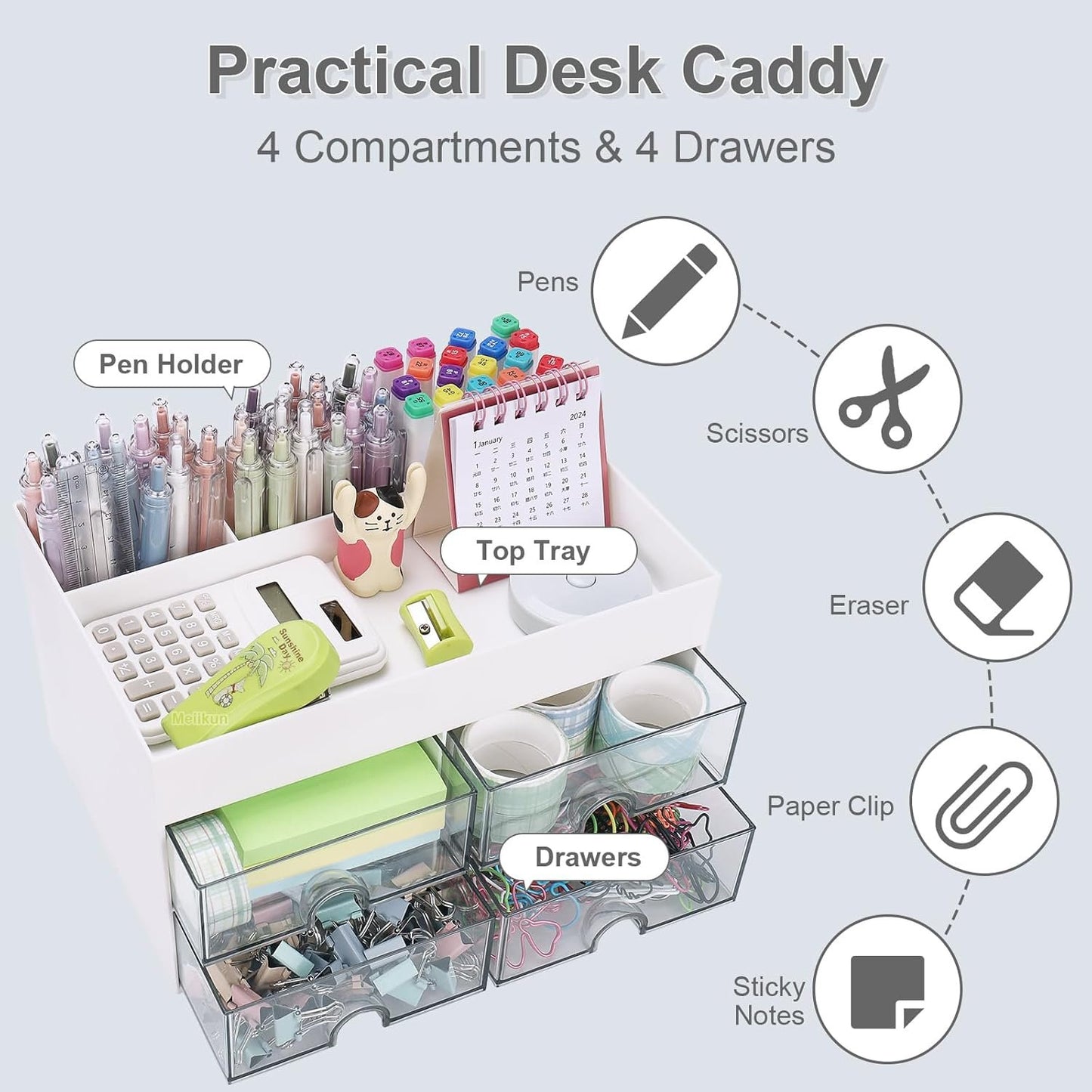 Meiikun Desk Organizer and Accessories, Plastic Stationery Storage Box with 4 Drawers, 3 Compartments & a Top Tray, Bathroom Organizers Makeup Brush Holder for Women, 21 cm x 14.2 cm x 12.2 cm (White)