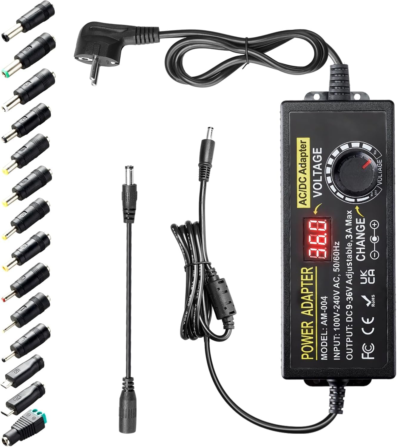 3A 108W Adjustable Power Supply, 9V-36V Universal Adjustable 100V-240V AC to DC Power Adapter with 14 Tips and Polarity Cable for Home Electronics, LED Strips