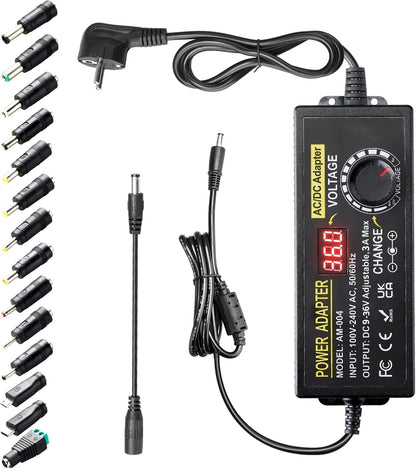 3A 108W Adjustable Power Supply, 9V-36V Universal Adjustable 100V-240V AC to DC Power Adapter with 14 Tips and Polarity Cable for Home Electronics, LED Strips