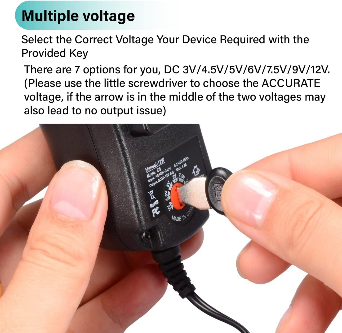 12W Universal AC to DC Power Supply 3 V 4.5 V 5 V 6 V 7.5 V 9 V 12 V 1 A, Multi-voltage Adapter with 8 DC Plugs for Home Electronics