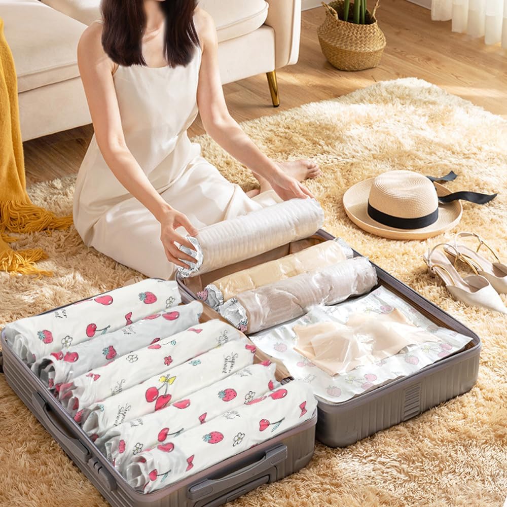 EDOKAR 15 Pack Travel Space Saver Compression Bags Vacuum Compression Packing Bags for Travel,Sealer Bag Roll-up Compression Storage Packing Organizers for Comforters Clothes (Pink, 15Pack)