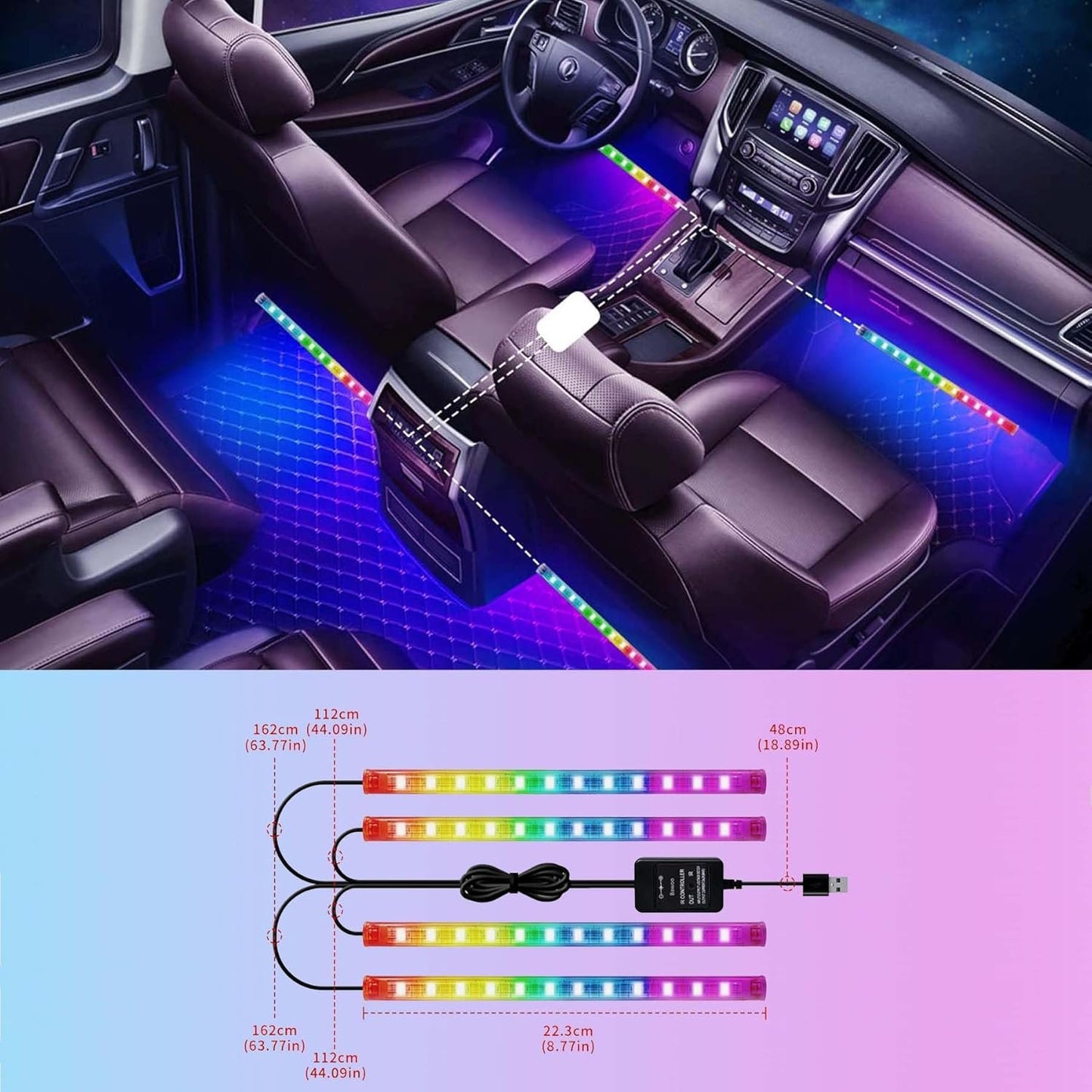 LETRADE Car Interior Lighting, 4 in 1 Waterproof LED Car Accessories RGB LED Strip Car Decoration with Music Sound Activated and Remote Controlled, Perfect Gifts (RGB)