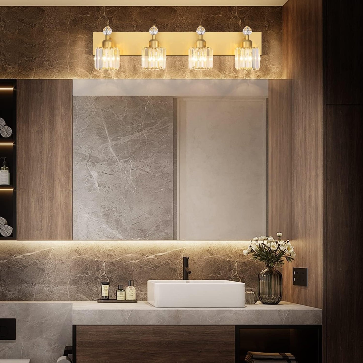 PRESDE Modern Crystal Bathroom Vanity Light 4 Light Gold Vanity Lighting Over Mirror Bathroom Wall Light Fixtures