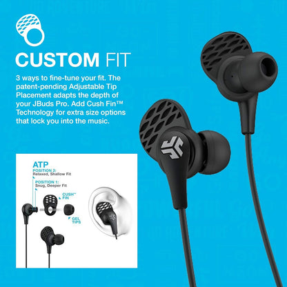 JLab JBuds Pro Bluetooth Wireless Signature Earbuds, Blue/Gray, Titanium 10mm Drivers, 6-Hour Battery Life, Music Controls, Noise Isolation, Bluetooth 4.1 Extra Gel Tips and Cush Fins