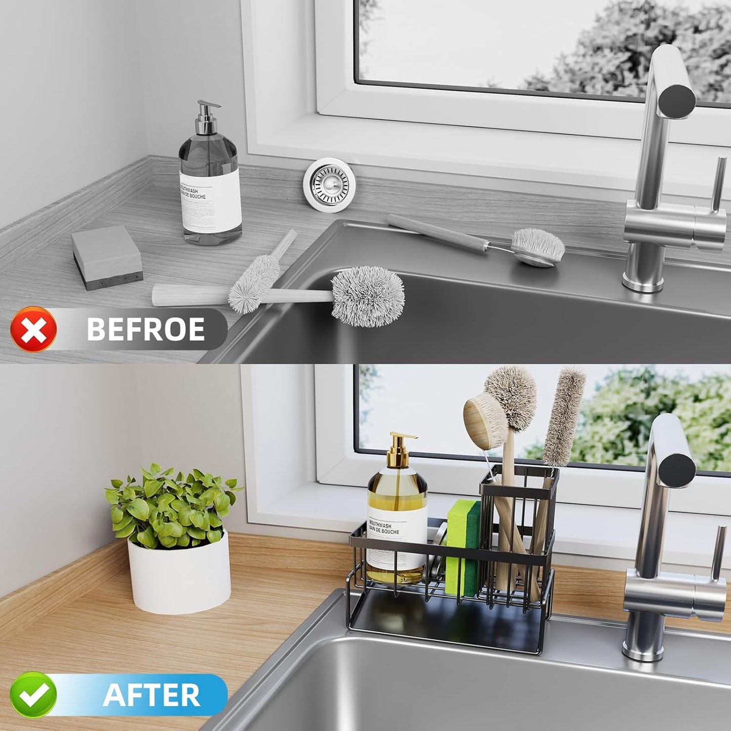 Sponge Holder for Kitchen Sink - Rustproof Sink Caddy with Brush Holder, Kitchen Sink Organizers and Storage Dish Soap Dispenser Home Essentials Organization Accessories (Black, With Brush Holder)