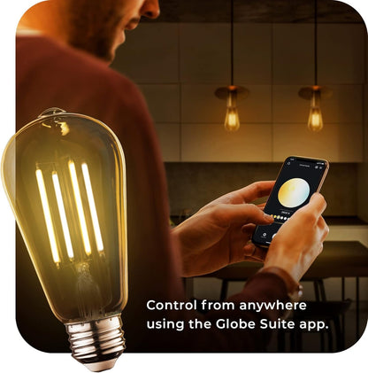 Globe Electric 34919 Wi-Fi Smart 5.5W (60W Equivalent) Straight Filament Tunable White Amber Glass LED Light Bulb, No Hub Required, Voice Activated, 2000K - 5000K, Vintage Edison Style, E26 Base