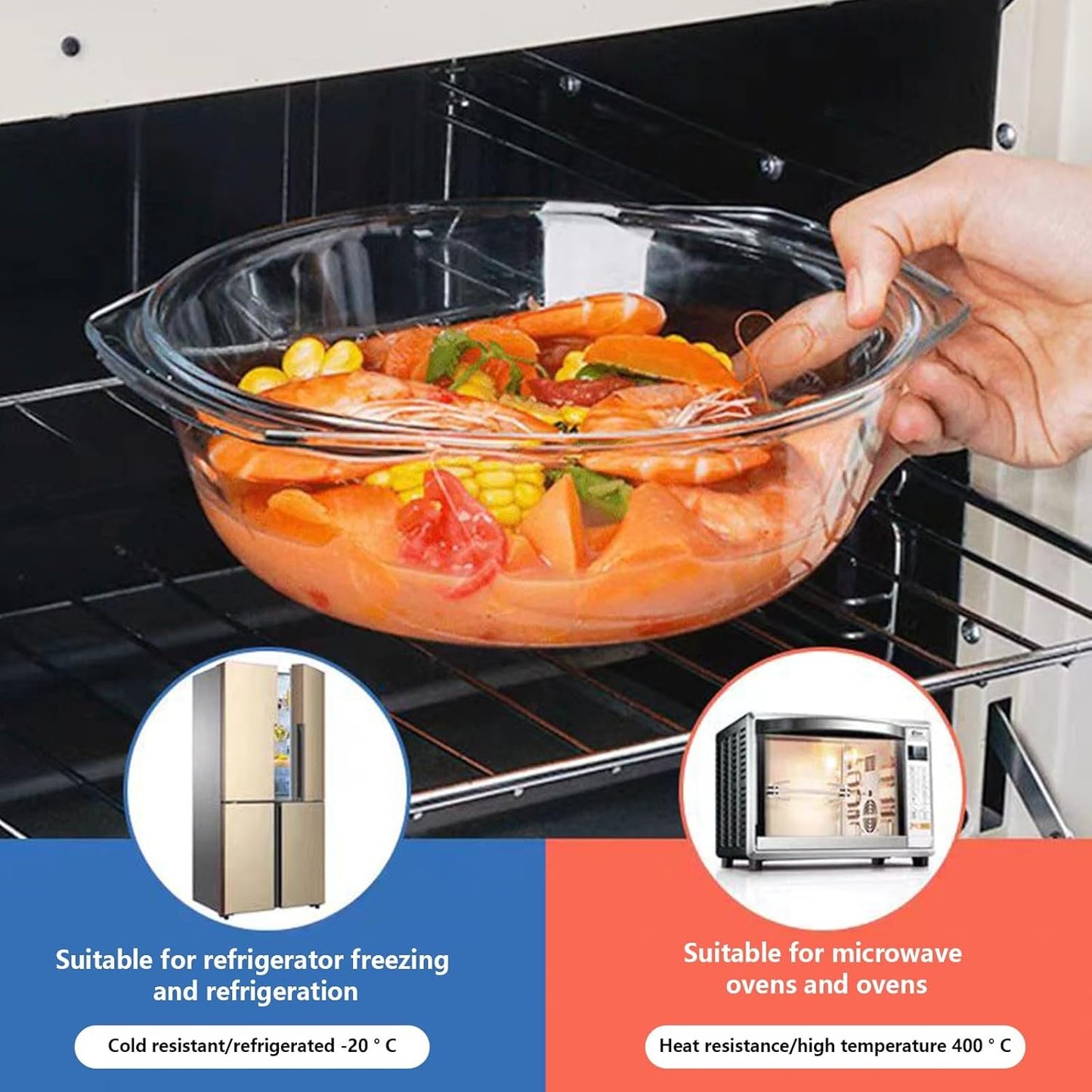 2 Set Glass Casserole Dishes with Lids, Borosilicate Cookware Bakeware Set with Handles, Oven Microwave Safe Bowls for Cooking Baking Serving 0.7L & 1.5L