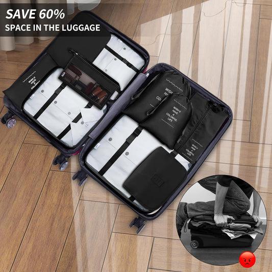 Snarflun 10-Piece Travel Organiser Suitcase, Space-Saving Packing Cubes, Travel Clothes Bags, Underwear Clothing Bags Footwear (Black)