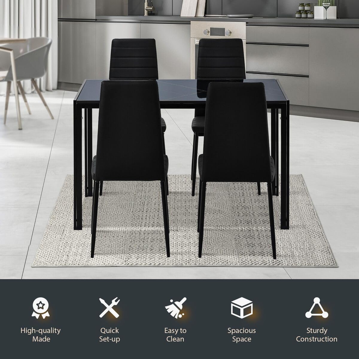 Luxsuite Dining Table Marble Tabletop Rectangular 120cm Modern Sintered Stone Glossy Marble Effect Top Dinner Tables 4 Seater with Tapered Metal Legs Dining Room Home Lounge Kitchen Black