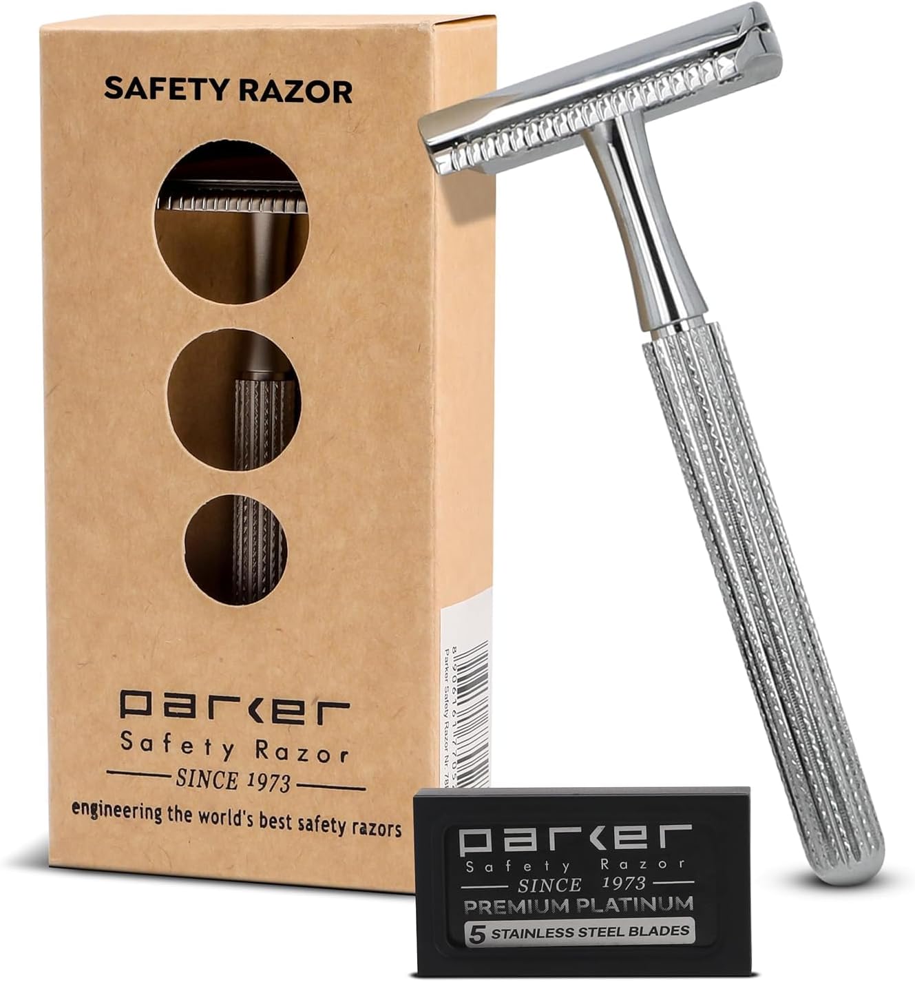 Parker 78R Double Edge Safety Razor with 5 Safety Razor Blades, Women & Men’s Safety Shaving Razor, Reusable Razor, Plastic Free – CHROME