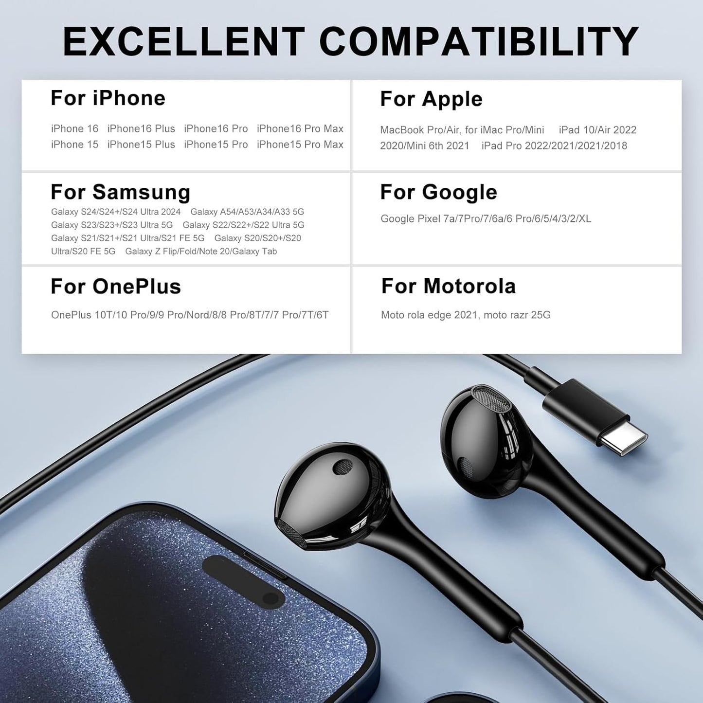 USB C Headphones for iPhone 16 15,Wired Earphones with Mic & Volume Control,Wired Headphones for Samsung S23 FE S22 S21 S20 A53 A54,HiFi Stereo Earbuds for iPad Pro Pixel 7/6/6a/5/4 OnePlus 9 8（black）