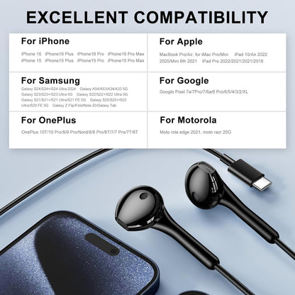 USB C Headphones for iPhone 16 15,Wired Earphones with Mic & Volume Control,Wired Headphones for Samsung S23 FE S22 S21 S20 A53 A54,HiFi Stereo Earbuds for iPad Pro Pixel 7/6/6a/5/4 OnePlus 9 8（black）