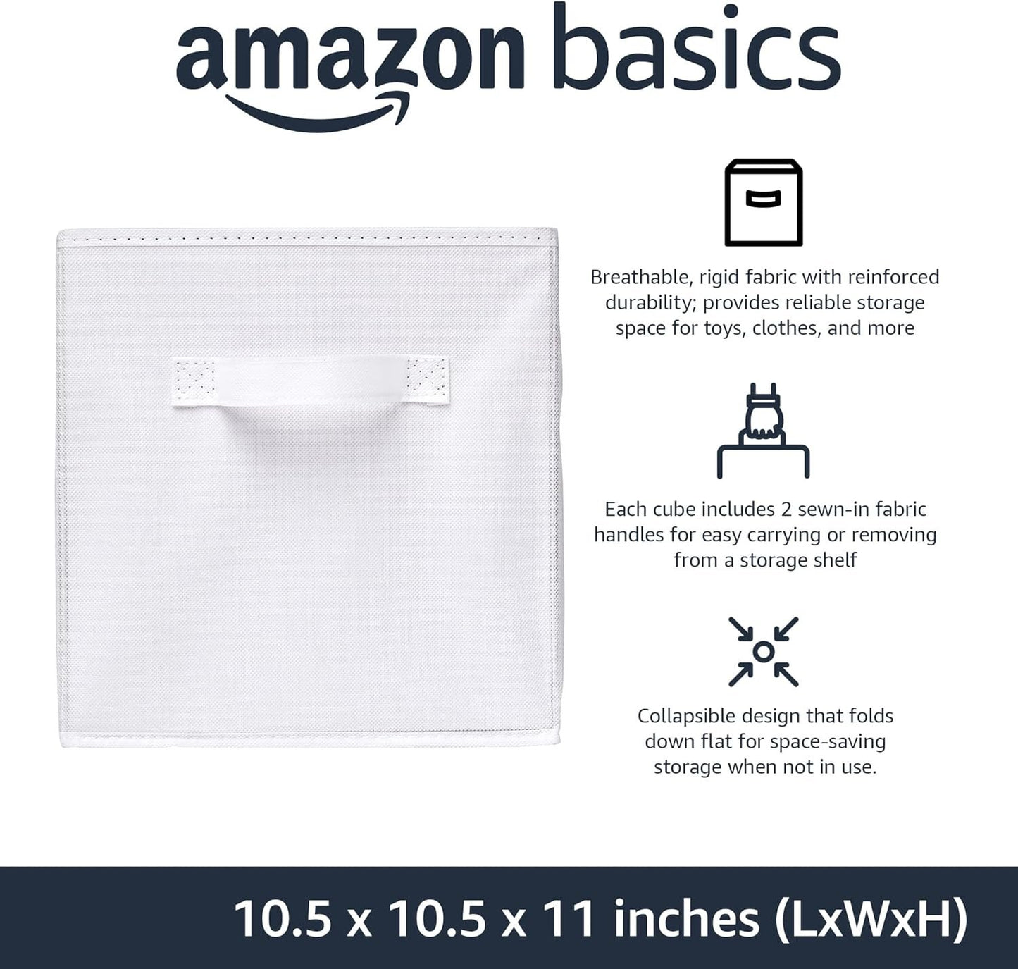 Amazon Basics Collapsible Fabric Storage Cubes Organizer with Handles, 10.5"x10.5"x11", White - Pack of 6
