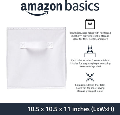 Amazon Basics Collapsible Fabric Storage Cubes Organizer with Handles, 10.5"x10.5"x11", White - Pack of 6
