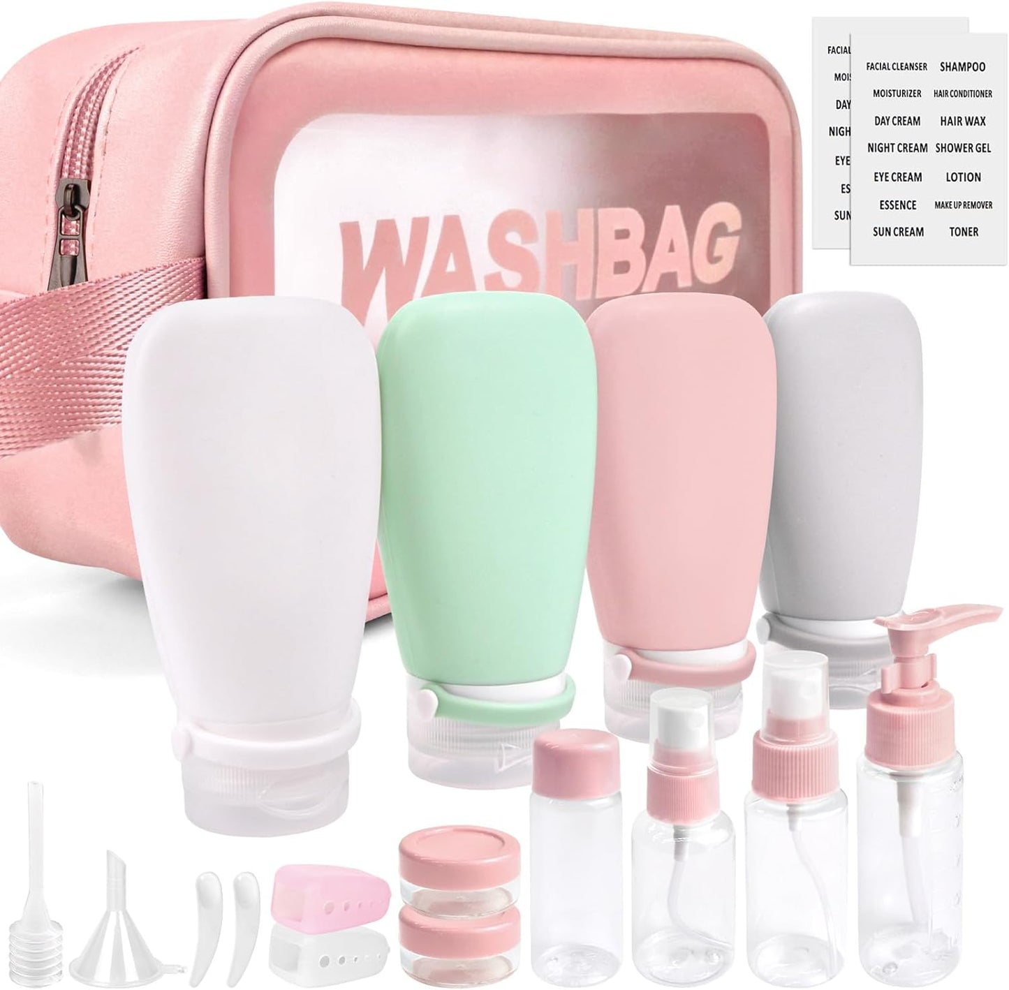 Noideeer 18 Pcs Silicone Travel Bottles Set Aviation Approved Liquid Containers Suitable for Shampoo, Lotion, Rinse, Shower Gel, with Labels and Travel Beauty Case