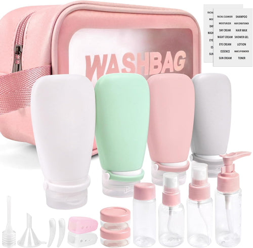Noideeer 18 Pcs Silicone Travel Bottles Set Aviation Approved Liquid Containers Suitable for Shampoo, Lotion, Rinse, Shower Gel, with Labels and Travel Beauty Case