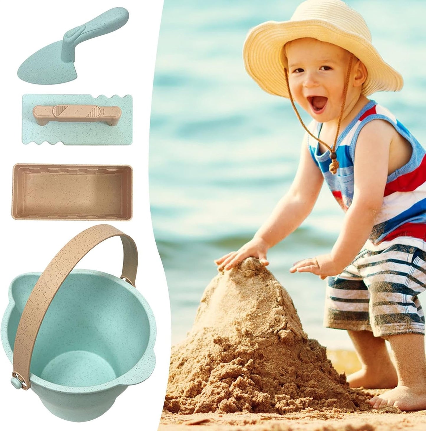 Toddler Beach Toys, Sand Box Castle Play Beach, Buckets Sand Toy Set Shovels, Molds, Sandbox Tool Kit with Mesh Bag for Outdoor, 6.69 x 6.5 x 4.33 Inches, Green