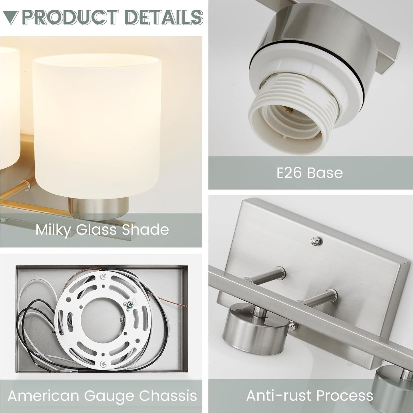 Capaaobc 3 Light Bathroom Light Fixtures, Brushed Nickel Vanity Lights Over Mirror for Bathroom, Modern Bathroom Vanity Light with Milky White Glass Shades, Anti-Rust E26 Base Lighting Fixtures