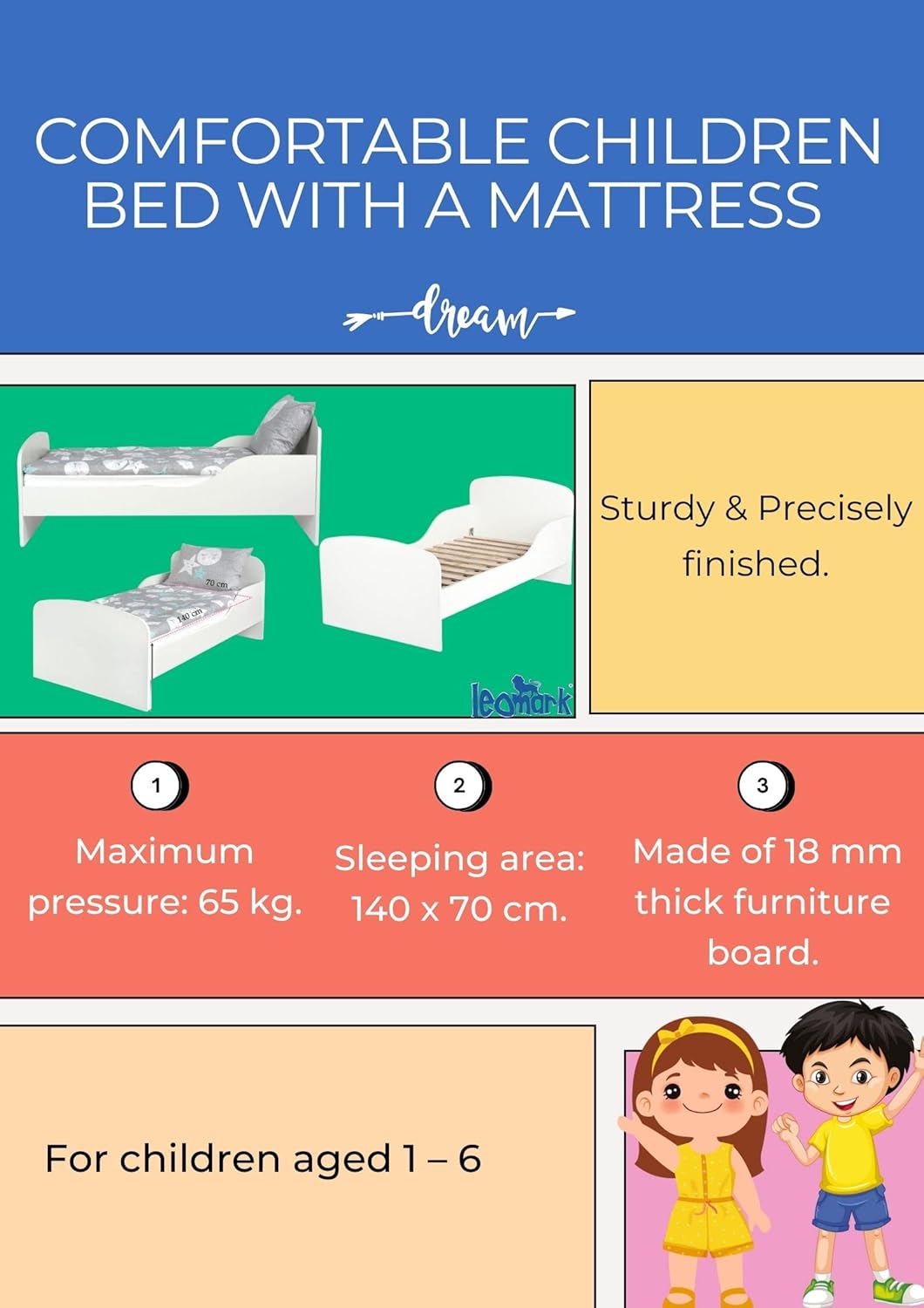 leomark Wooden Children's Bed - Lovely Unicorn - Cot Bed with Mattress, Children's Furniture, Slatted Base, Sleeping Space 140 x 70 cm, UV Footprint