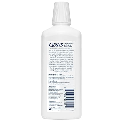 CloSYS Ultra Sensitive Mouthwash, Unflavored Alcohol Free, Dye Free, pH Balanced, Helps Soothe Entire Mouth – 32 Oz (Pack of 2)