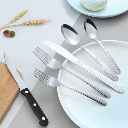 BEWOS 48 Pieces Cutlery Set for 8, Silverware Sets with Steak Knives, Stainless Steel Cutlery, Mirror Polished Flatware Set, Knife, Spoon and Fork Set, Silverware, Dishwasher Safe Utensil Set