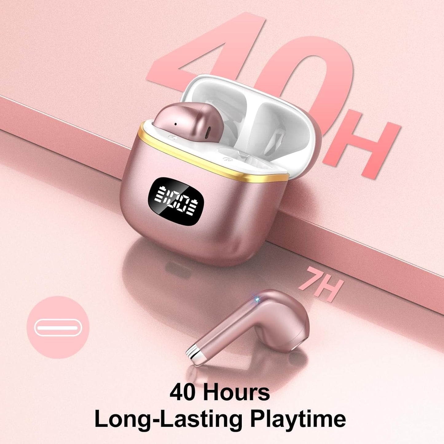 Wireless Earbuds, in Ear Headphones Bluetooth 5.3 with HiFi Stereo Deep Bass, Ear Buds with ENC Noise Cancelling Mics, Smart Touch, 40 Hours Playtime, Earphones for Sports, Work, Leisure, Rose Gold