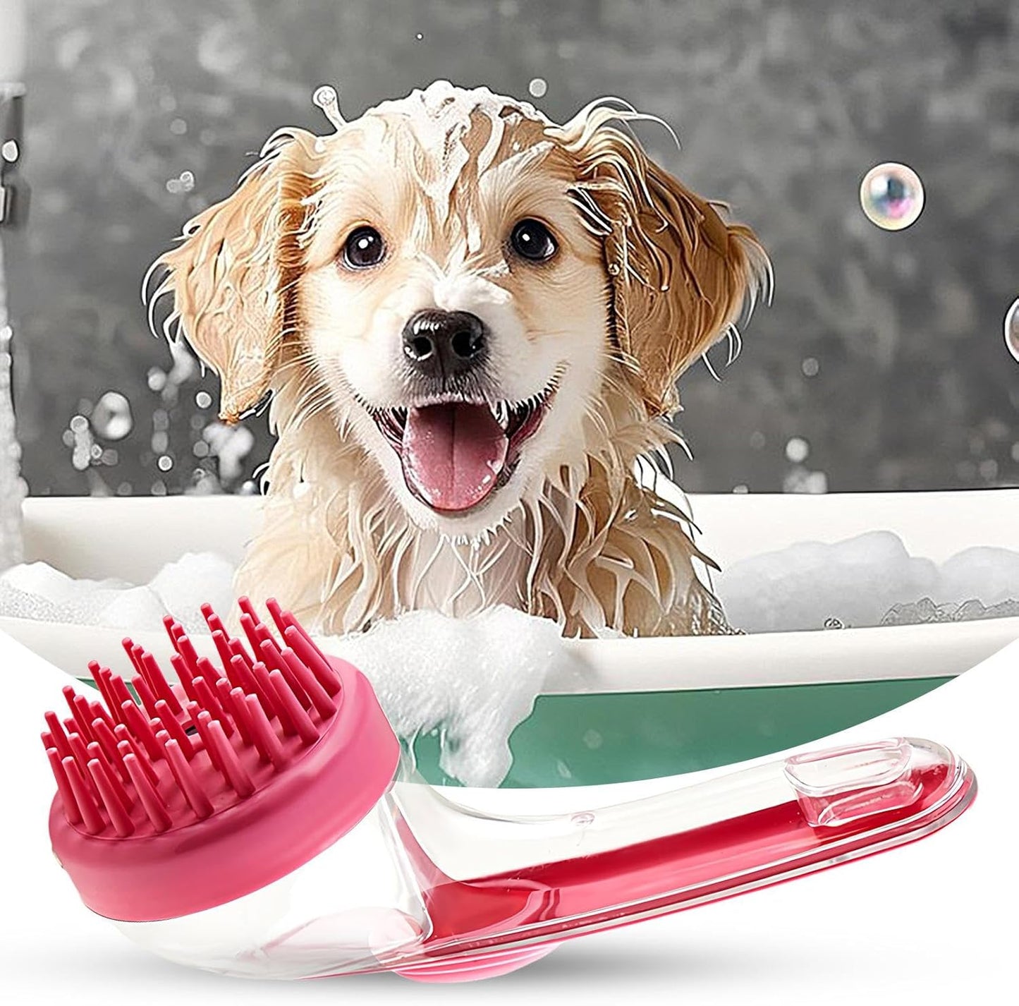 Mimoqk Dog Bath Brush, Silicone Grooming Comb, Pet Massage Cleaner with Shampoo Dispenser, Soft Bristles for Puppy, Kitten, Small Animals, Bathing and Shower Accessory