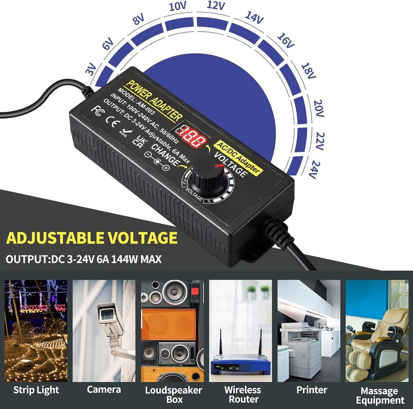 Universal Power Supply Adapter 144W 3V~24V 6A Adjustable Variable Switching Power Adapter 100V-240V AC to DC Converter Transformer with 14 Tips&Polarity Converter3V 5V 6V 9V 12V 15V 16V 18V 19V 20V24V