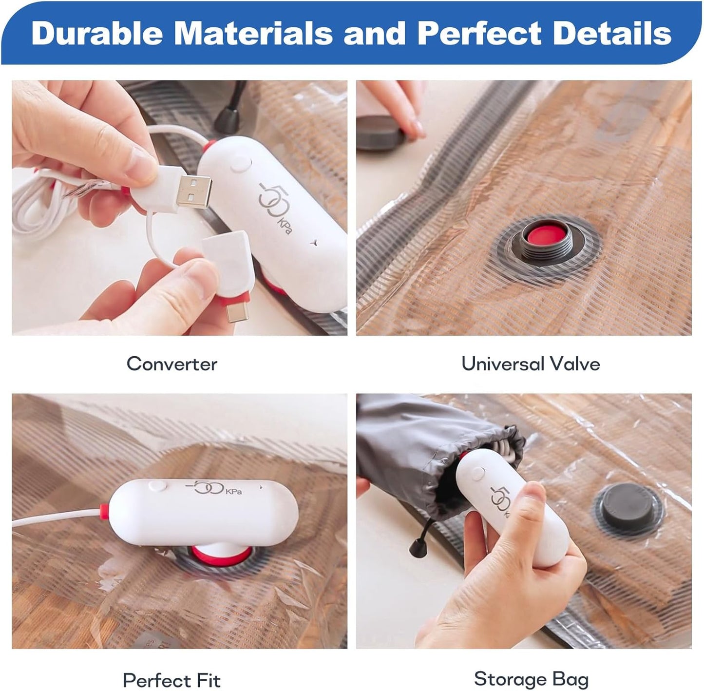Vacbird Vacuum Bags Clothes with USB Electric Pump, 9 Pieces of Vacuum Bags (3 x 40 x 40 cm / 3 x 40 x 50 cm / 3 x 40 x 60 cm) Vacuum Bags Travel Clothes, Reusable, Space-Saving