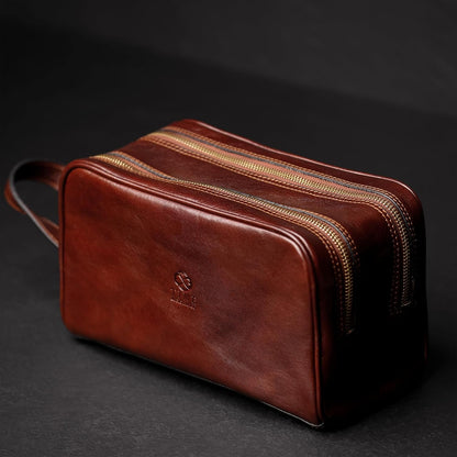 Time Resistance Leather Toiletry Bag - Dopp Bag Skincare Bag - Italian Cosmetic Bag (Brown)