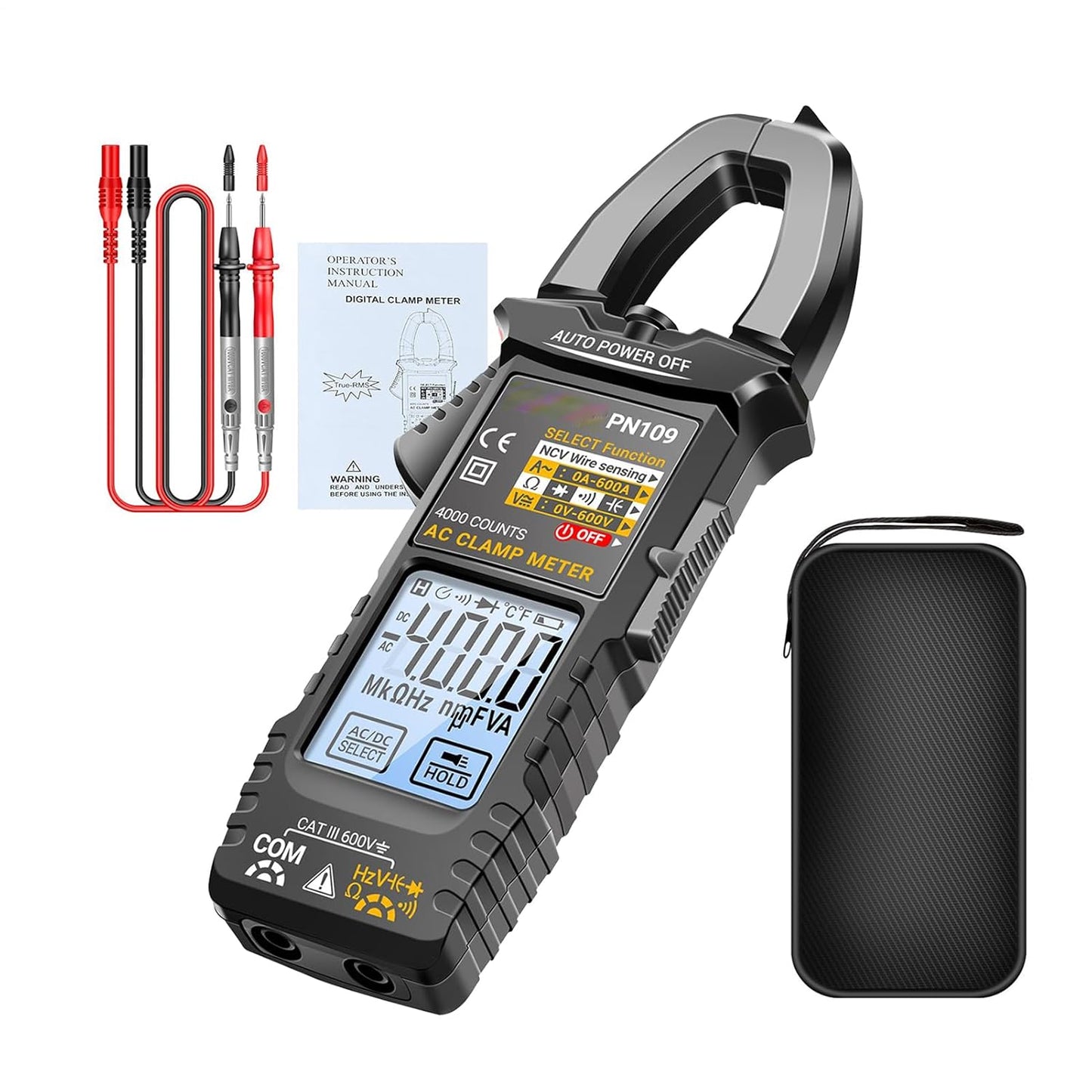 Clamp Multimeter 4000 Count Digital Multimeter with Case, LCD Backlight Display, Safety Protection, Automatic Range Detection, Professional Automotive Tool for Accurate Measurements and Diagnostics
