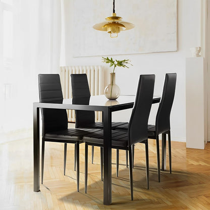 Ruesleag Dining Table Set 5-Piece Dining Room Glass Tabletop Table &Upholstered Chairs for 4 Modern Kitchen Table with Chairs Space-Saving Home Furniture for Dining Room Kitchen Living Room,White