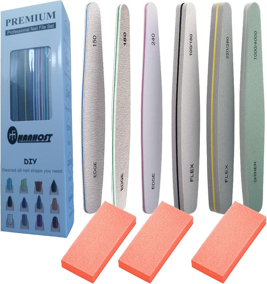 HANHOST Professional 9-Piece Nail File & Buffer Set - Multi-Grit Emery Boards (150、180、240、100/180、220/280、1000/4000) for Shaping, Smoothing & Shining - Natural/Acrylic/False Nails - Home & Travel Nail Care Kit