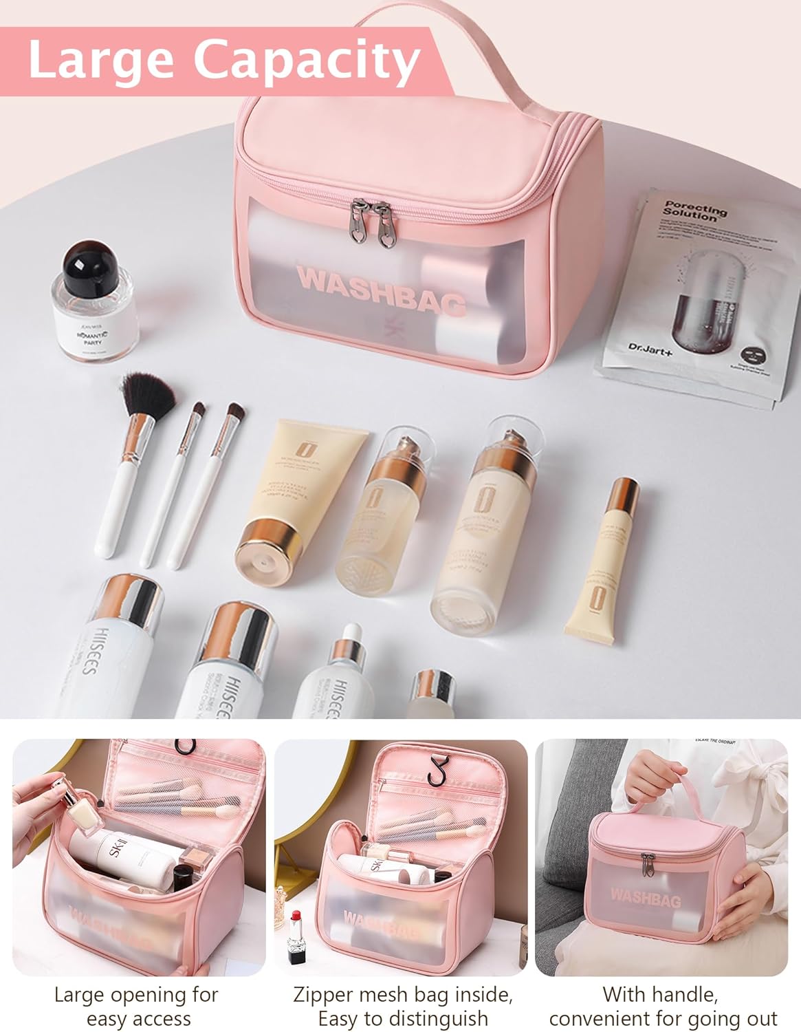 Travel Clear Makeup Bag, Portable Waterproof Cosmetic Organizer Case with Handle for Women, Essential Carry-on Travel Accessories for Toiletries and Brushes (White)