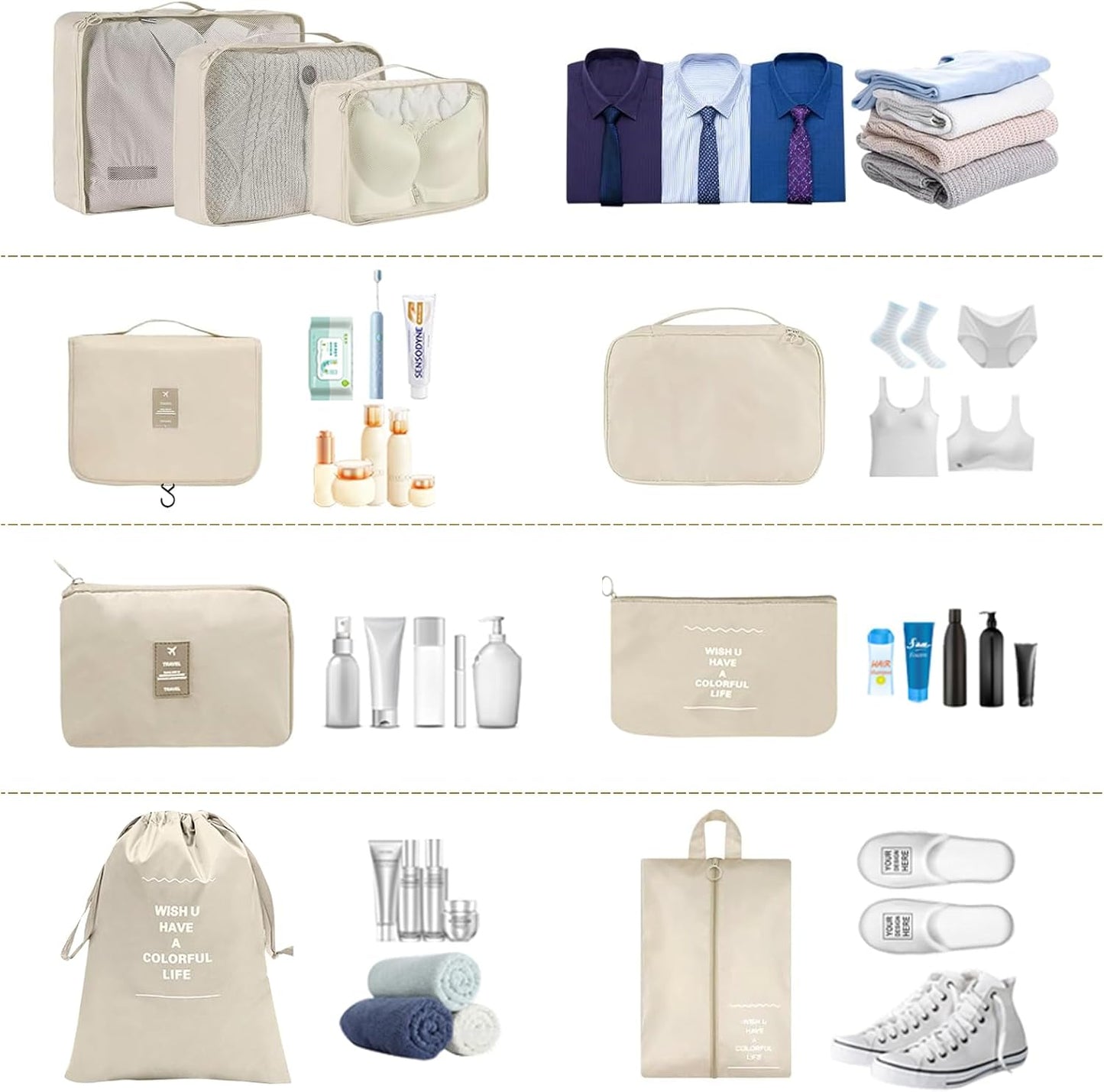 9 Pieces Organizer Suitcase Space-Saving Organizers, Travel Organizers, Packing Cubes, Travel Set Useful Accessories Organizer for Holidays, Travel and Home Garment Storage(Beige)