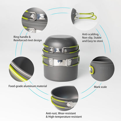 WAILAMHK 14pcs Camping Cookware Mess Kit with Lightweight Pot, Stove, Spork and Carry Mesh Bag, Great for Backpacking Outdoor Camping Hiking and Picnic