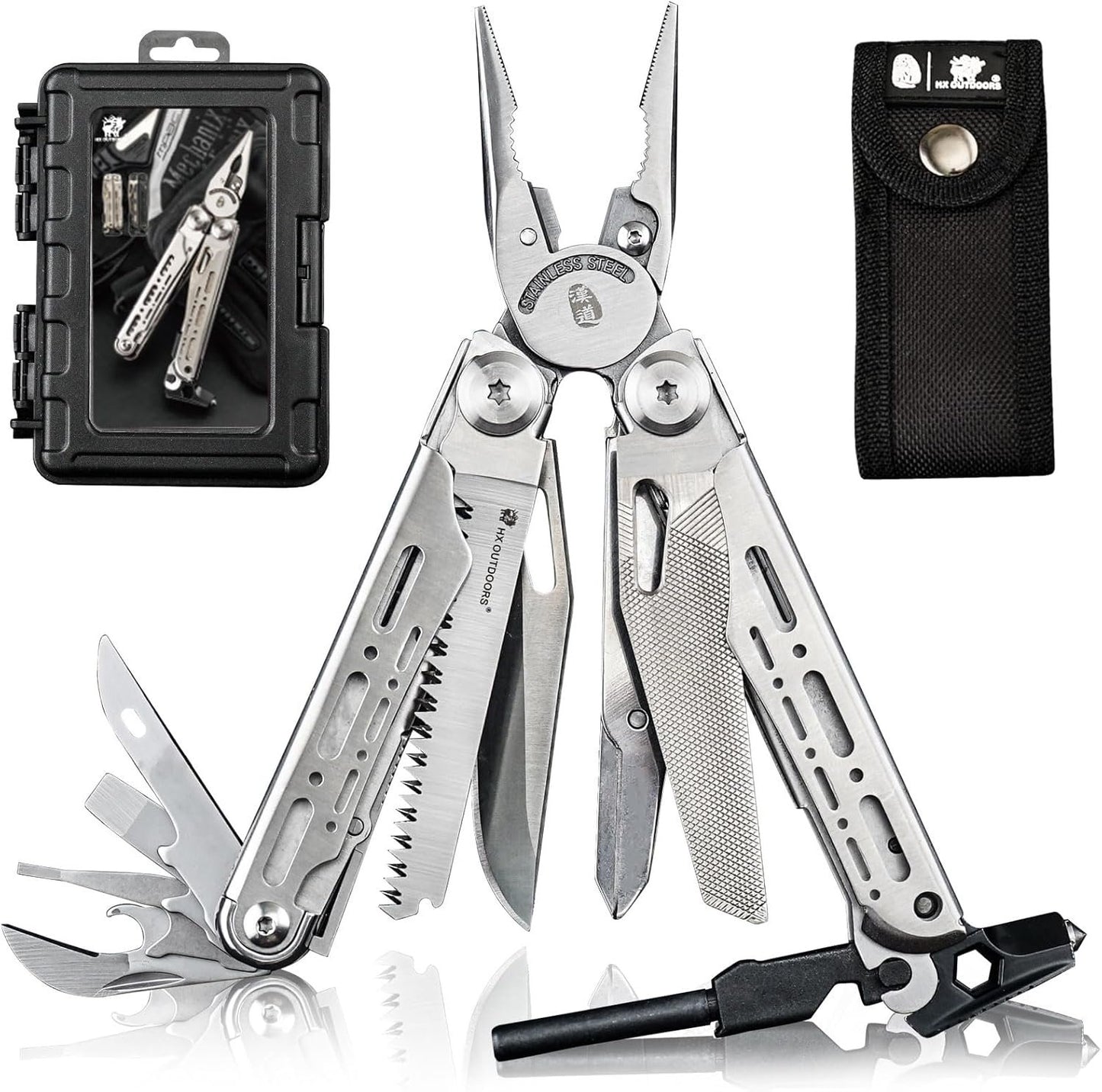 HX OUTDOORS 19 in 1 Multi Tool Pocket Knife Set, Stainless Steel Multitool Pliers with Fire Starter and Glass Breaker, Folding EDC Camping Survival Tools for Men (Silver)