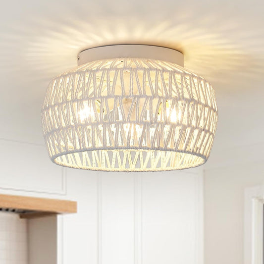CWarmozy Semi Flush Mount 3-Light White Ceiling Light Fixture Boho Chandelier Light Fixtures Woven Rattan Small Chandelier for Dining Room Entryway Hallway Kitchen Island Dining Room Office