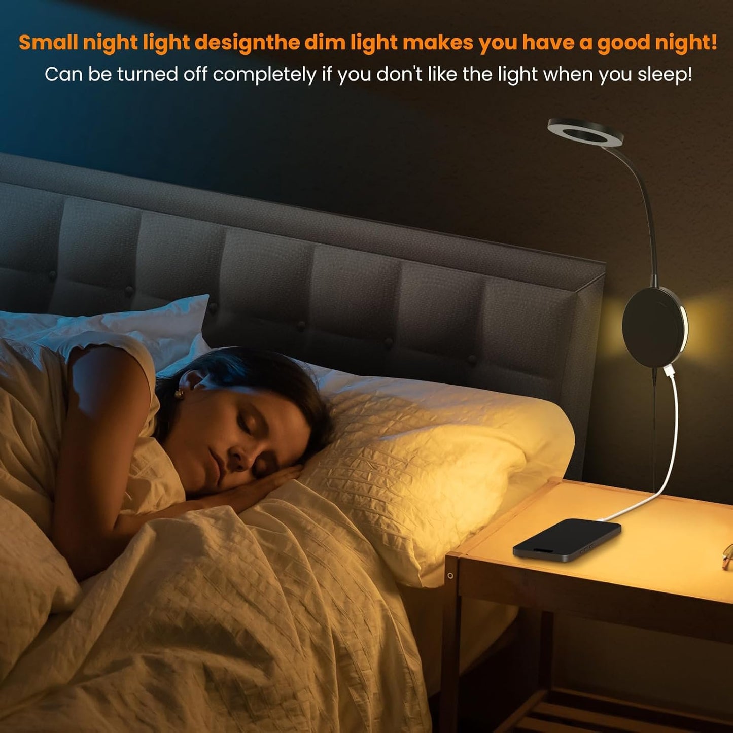 Wall Mounted Reading Light,NoeiiT Book Lights with 5 Dimming,Bedside Headboard Lights Flexible Gooseneck,USB Output,Night Light & Timers Function（5/30 min, 3000K-6500K Upgrade LED Bed Lamp Black
