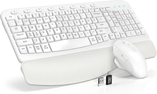 SABLUTE Wireless Keyboard and Mouse Combo, Ergonomic Wave Keys, Cushioned Plam Rest, Comfortable Silent Natural Typing, 2.4G Lag-Free, Full Size Keyboards Cordless Set for Multi-OS, Windows/Mac, White