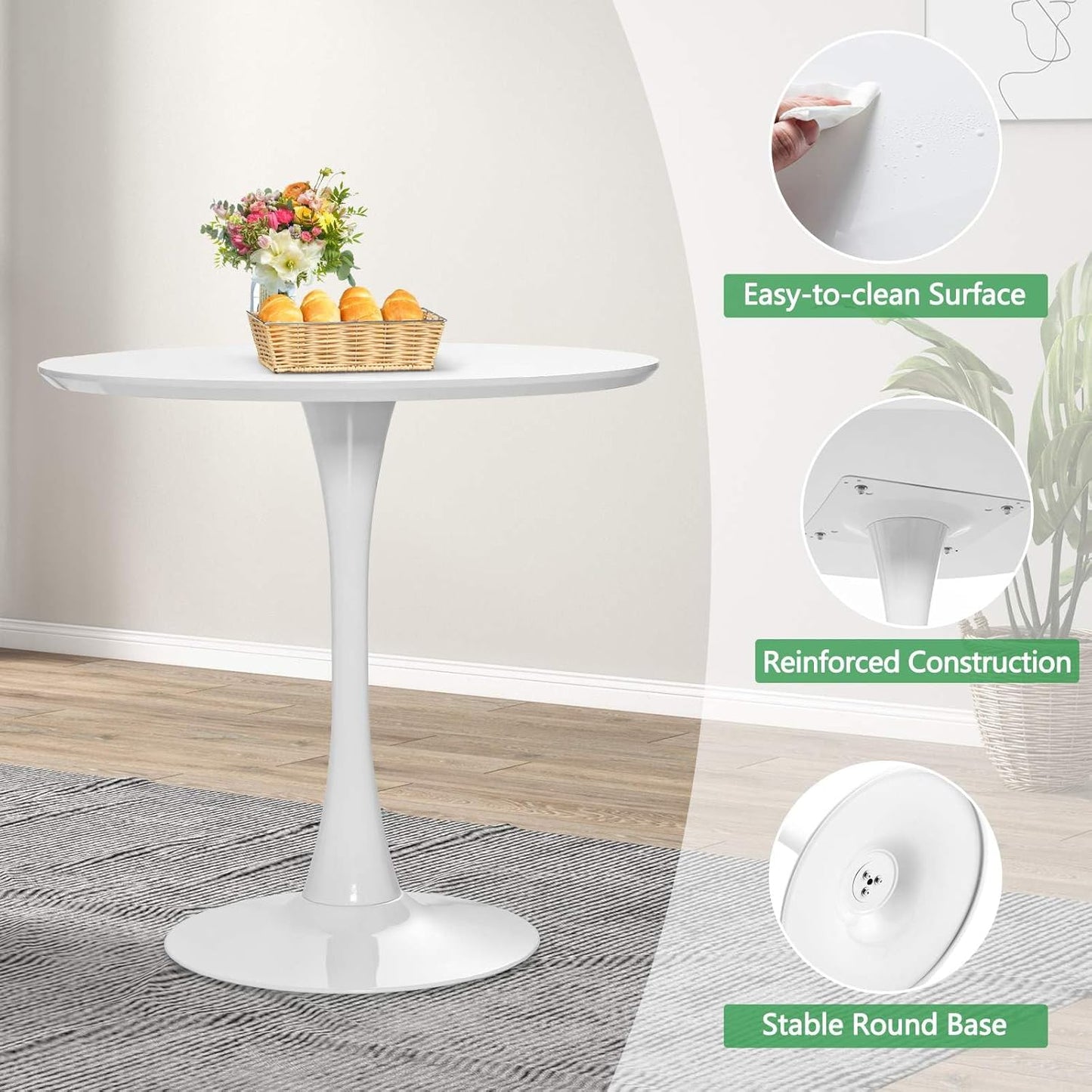 Giantex Round Dining Table, 80 CM Modern Tulip Kitchen Table w/Thickened Tabletop & Sturdy Metal Pedestal, Mid-Century Leisure Table for Small Places Dining Room Living Room Cafe, for 4 People, White