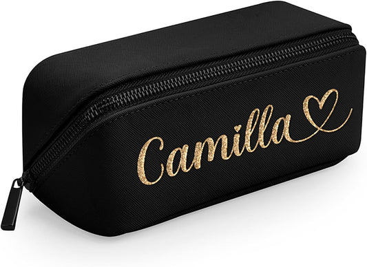 Caribu design Personalised Cosmetic Case with Name Initials Text – Makeup Bag for Travel Home Faux Leather Cosmetic Bag for Her Makeup Organizer Accessories, Black + Black Zipper, elegant