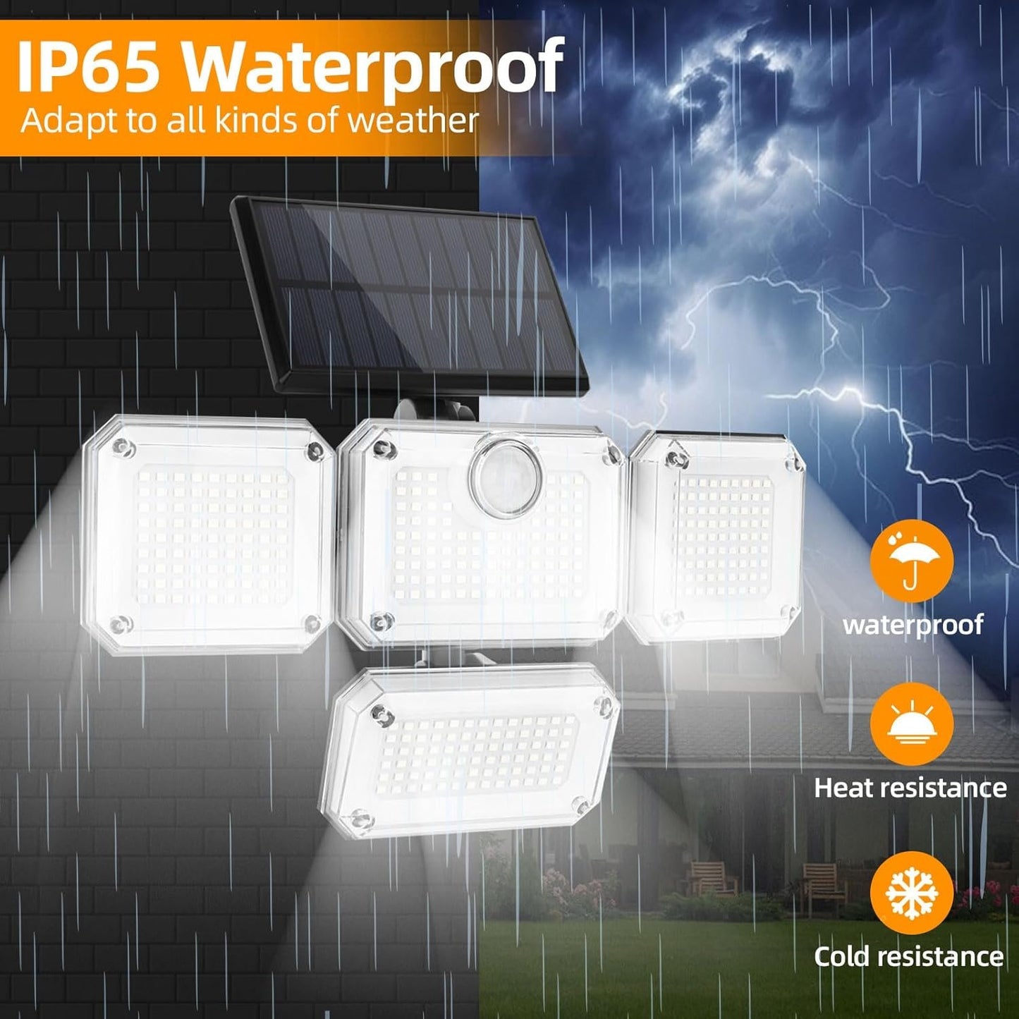 Solar Motion Sensor Light Outdoor-333LED Flood Light Motion Detection Solar Lights, 4 Heads 7000K 3600LM Security Lighting, 3 Modes with Remote Control and Waterproof for Garage Yard Entryways Patio