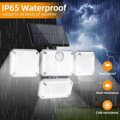 Solar Motion Sensor Light Outdoor-333LED Flood Light Motion Detection Solar Lights, 4 Heads 7000K 3600LM Security Lighting, 3 Modes with Remote Control and Waterproof for Garage Yard Entryways Patio